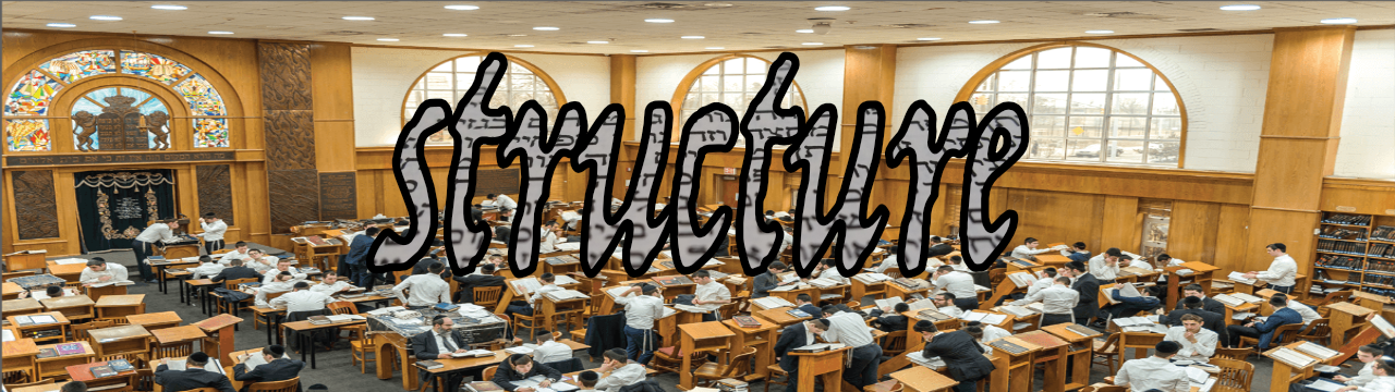 structure in graphics superimposed on image of large yeshiva