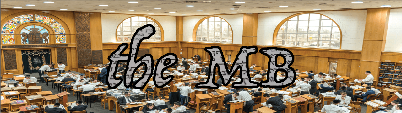 theMB in graphics superimposed on image of large yeshiva